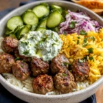 Gyro Bowls (Meatballs with Tzatziki, Lemon Rice, and Cucumber Salad)