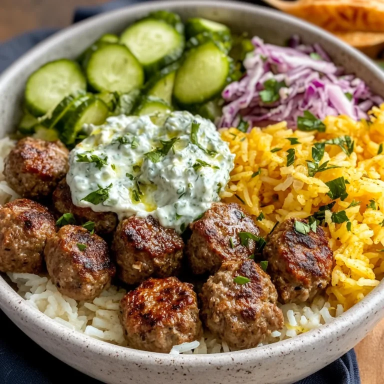 Gyro Bowls (Meatballs with Tzatziki, Lemon Rice, and Cucumber Salad)