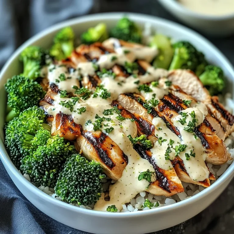 Grilled Chicken & Broccoli Bowls with Creamy Garlic Sauce