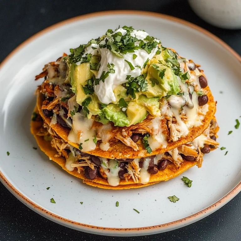 Shredded Chicken Tostada Stacks with Refried Black Beans