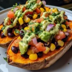 Stuffed Sweet Potato with Avocado, Black Beans & Cilantro Lime Crema