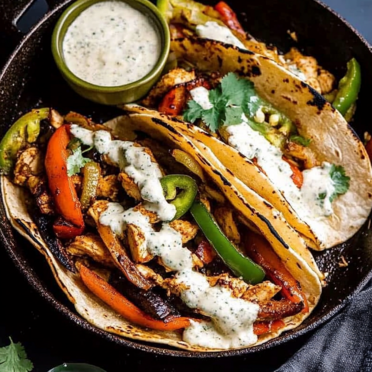 Skillet Chicken Fajitas with Creamy Jalapeño Verde Sauce.