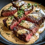 Cast Iron Bavette Steak with Whiskey Garlic Cream Sauce
