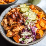 BBQ Chicken Bowls with Sweet Potatoes, Coleslaw, and Pickles