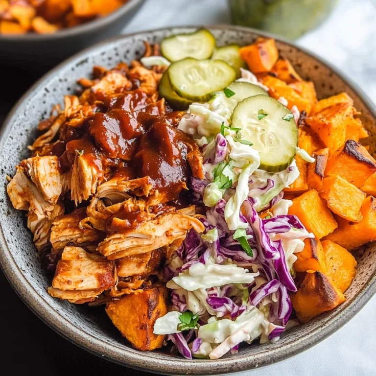 BBQ Chicken Bowls with Sweet Potatoes, Coleslaw, and Pickles