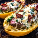 Keto Low Carb Steak Gorgonzola Alfredo Spaghetti Squash