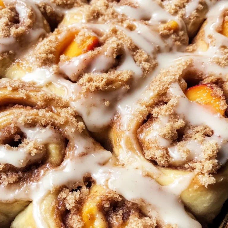 Peach Cobbler Cinnamon Rolls with Crumb Topping