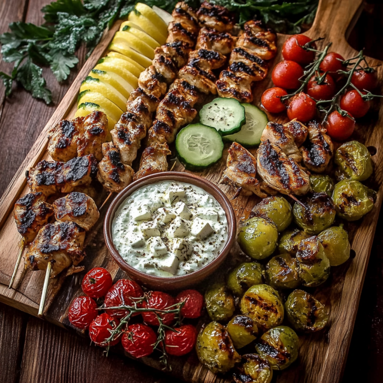 Greek Chicken Souvlaki Grazing Board with Feta Dip – A Mediterranean Feast to Share